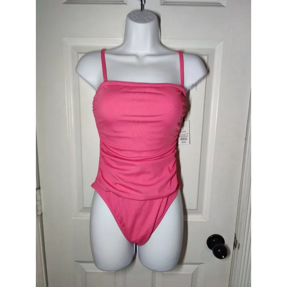 Shade‎ & Shore Pink Ruched Ribbed Convertible One-Piece Swimsuit M 8-10 NWT